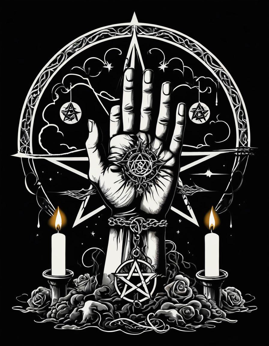 A dynamic and thought-provoking illustration showcasing a chaotic yet harmonious blend of anarchistic symbols like a raised fist and broken chains alongside esoteric occult symbols such as the Eye of Providence and a pentagram. The background is adorned with swirling dark clouds, illuminating candles, and shadowy figures in deep contemplation. Use contrasting colors to enhance the tension between order and chaos. The overall atmosphere is mysterious and stimulating, enticing viewers to delve deeper into the complexities of dissent. surrealism. dark shades with splashes of vibrant colors.