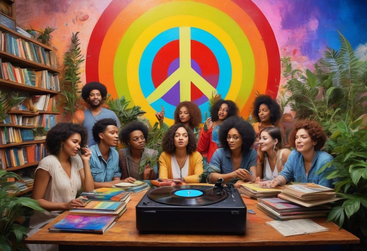A dynamic scene depicting a diverse group of people immersed in various alternative lifestyles, surrounded by colorful books and symbols of counterculture. Add elements like a peace sign, a vintage record player, and organic plants, all set against a vibrant mural of knowledge and freedom. Include an atmosphere of celebration and unity, capturing the essence of liberation through knowledge. super-realistic. vibrant colors. textured background.