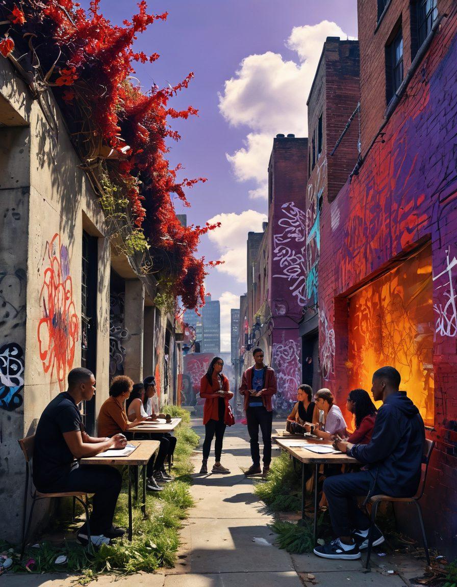 A dynamic scene depicting a diverse group of people passionately engaging in discussion around ancient scrolls and symbols of esoteric knowledge, set against a backdrop of urban graffiti and revolutionary art. The sky is a blend of fiery reds and deep purples, signifying liberation and dissent. Include elements of nature reclaiming the city, such as vines and flowers breaking through concrete. super-realistic. vibrant colors. urban art style.